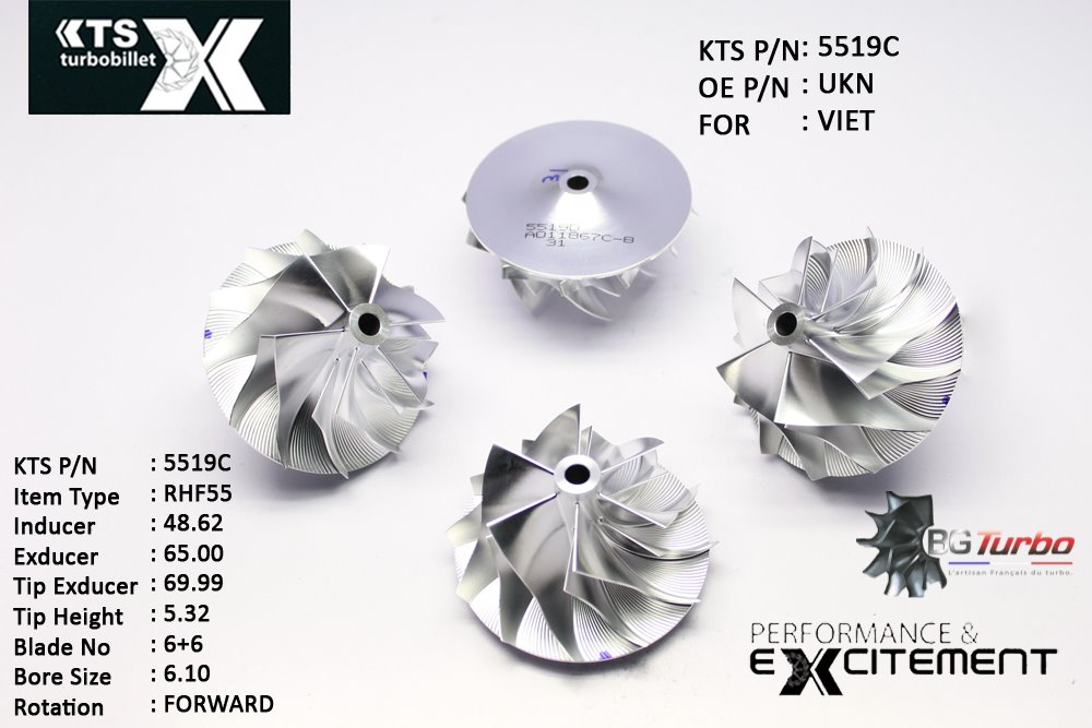 Turbo ROUE FORGÉE MFS PERFORMANCE - 6+6 PALES - INDUCER : 48,62 - EXDUCER : 65 - TYPE : RHF55ANGLE : 45° - ROTATION : Forward - SUPER BACK : 4,53 - BORE SIZE : 6,1
